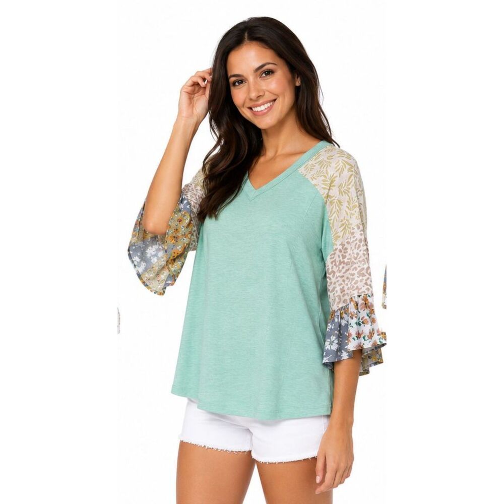 New Gigio L 12 14 Mint Multicolor Print Mix Ruffle Sleeve Solid V-neck Boho Top
